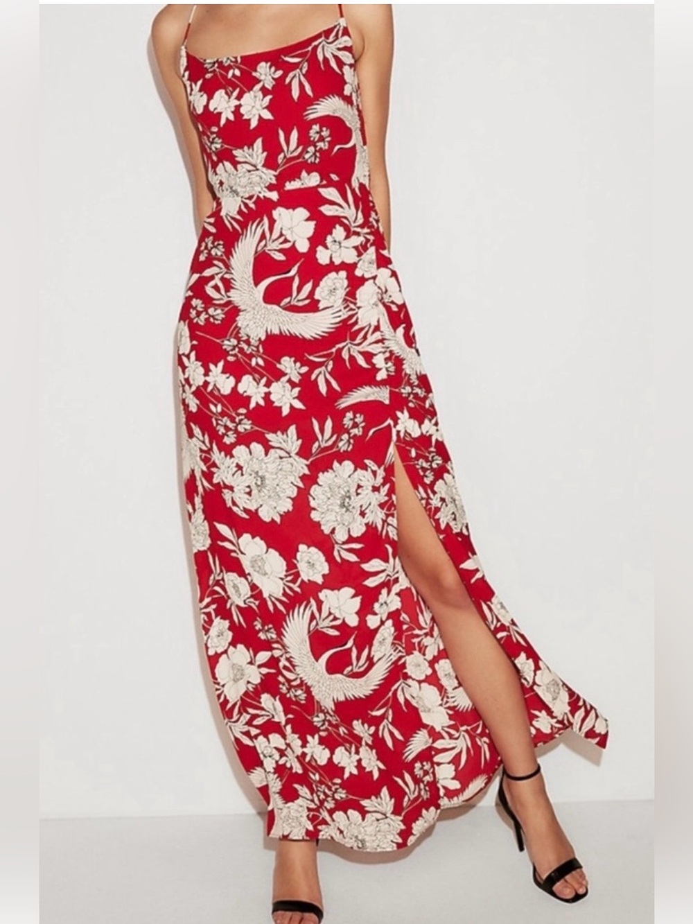 Express Red and White  Floral Maxi Dress with Side Slit Small EUC